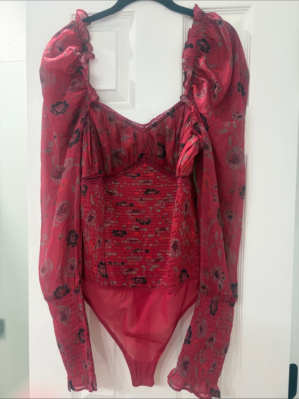 Free People Red Floral Sheer Smocked Long-Sleeve Thong Bodysuit